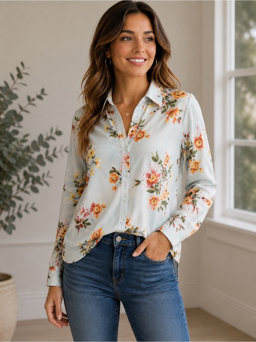 Ann Taylor Factory Blue Floral Button down blouse top size small